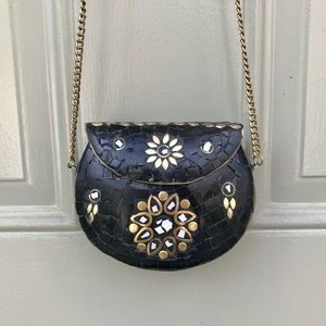 Vintage RARE Tiled Small Crossbody Boho Black Moroccan Style Handbag with chain